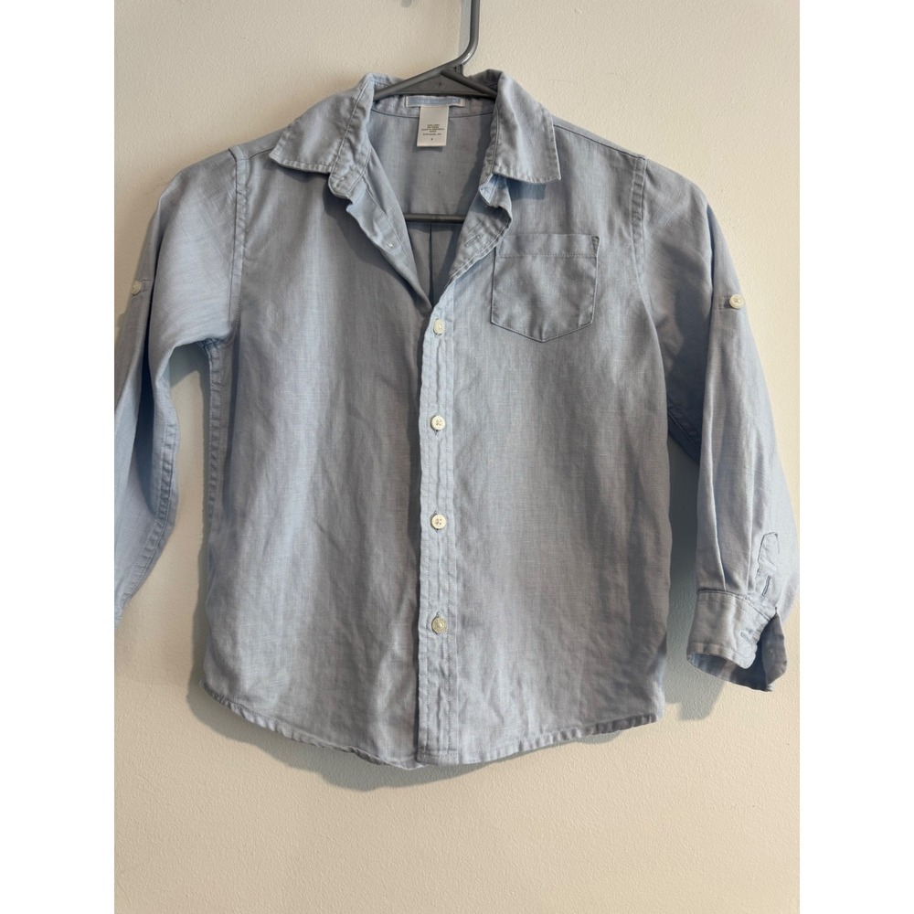 Janie and Jack Linen Button Down Shirt Boys Size 5 Light Blue Roll Tab Sleeve